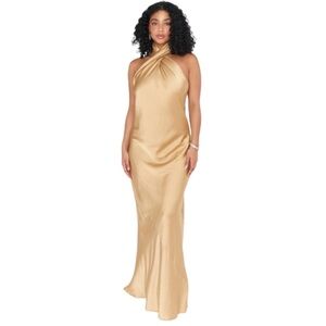 Show Me Your Mumu Jasmine Halter Formal Maxi True Gold Luxe Satin Dress